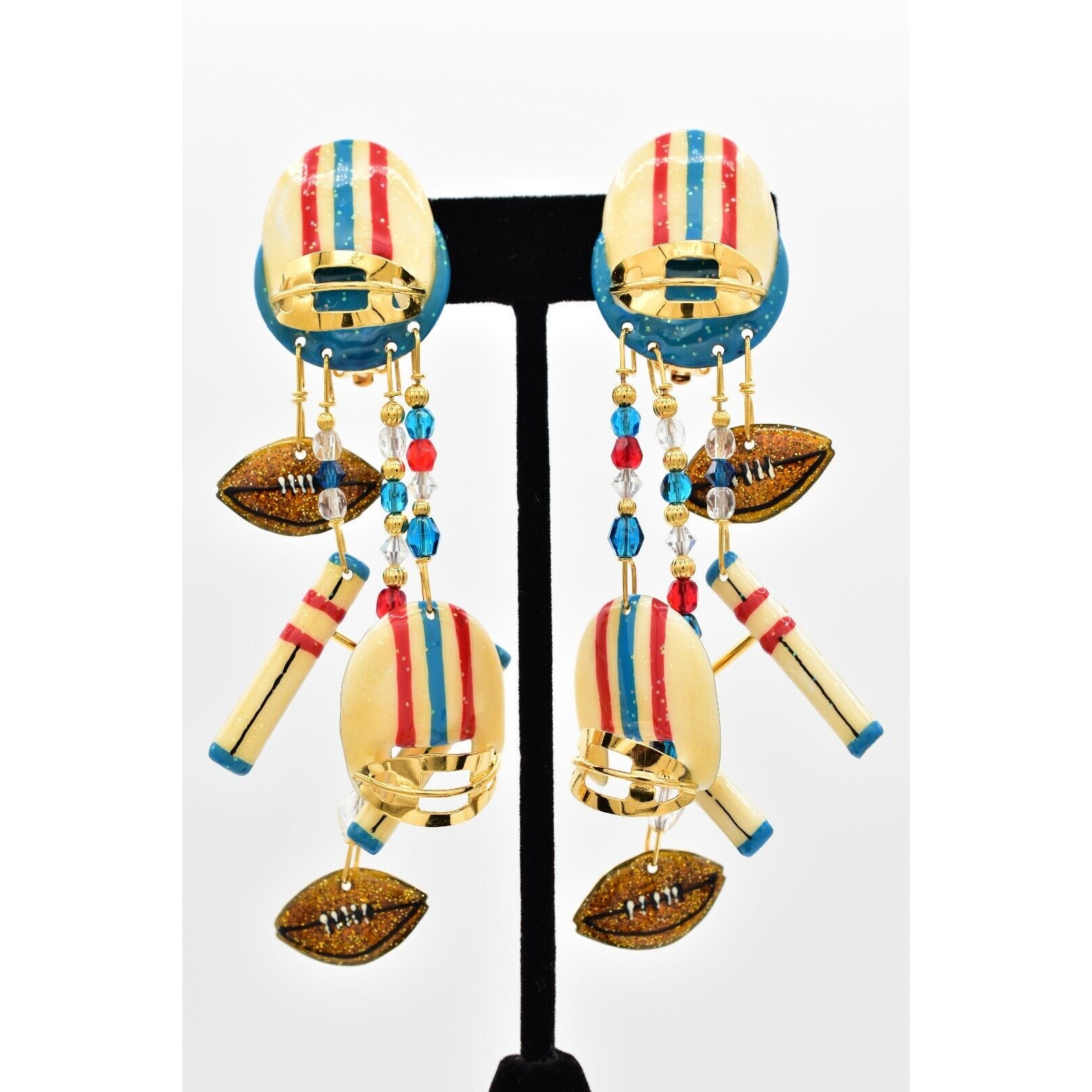 Lunch At The Ritz Vintage Football Clip Earrings Helmet Dangle Signed 80s Binak